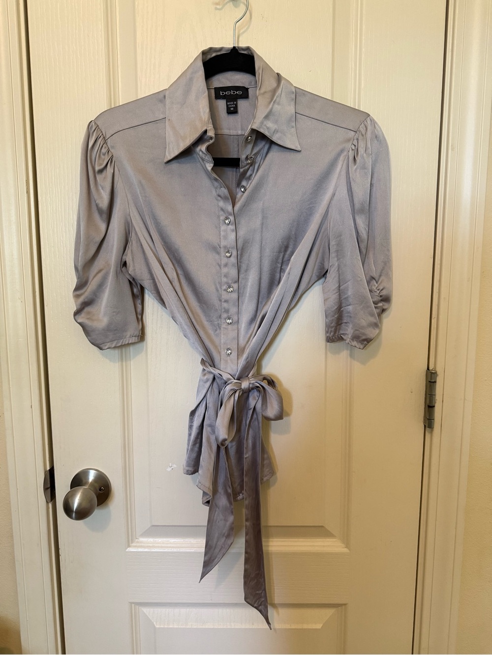 Bebe Silk Silver Tie-Front Satin Blouse with Rhinestone Button Detail